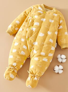 婴幼儿包脚连体衣纯棉花手工棉衣新生儿爬服冬季加厚宝宝连脚哈衣