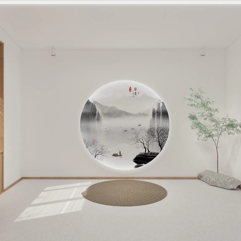 墙纸墙布新中式客厅装饰画圆形沙发背景墙壁画定制壁纸水墨山水画图片