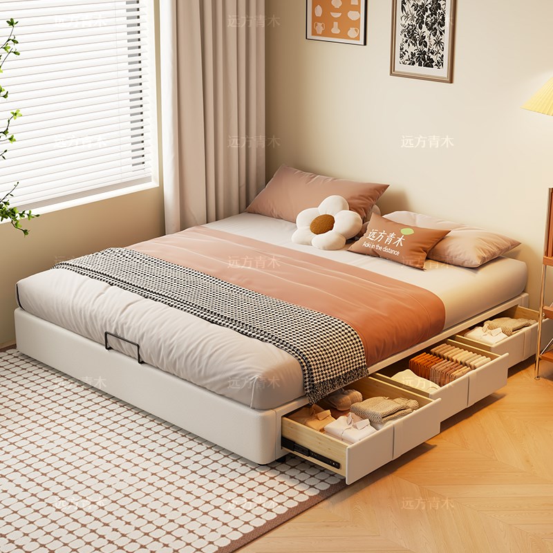 奶油风inds无床头床现代简约小户型主卧无靠背排骨床抽屉储物床