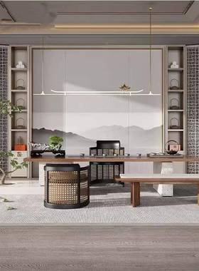 新中式约实木茶办FZZ桌茶台大理石茶椅组合现代简公室泡茶桌桌