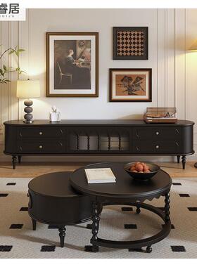 法式复电视厅柜实木中古风黑色高款电客视机柜茶古DBA几家用字母