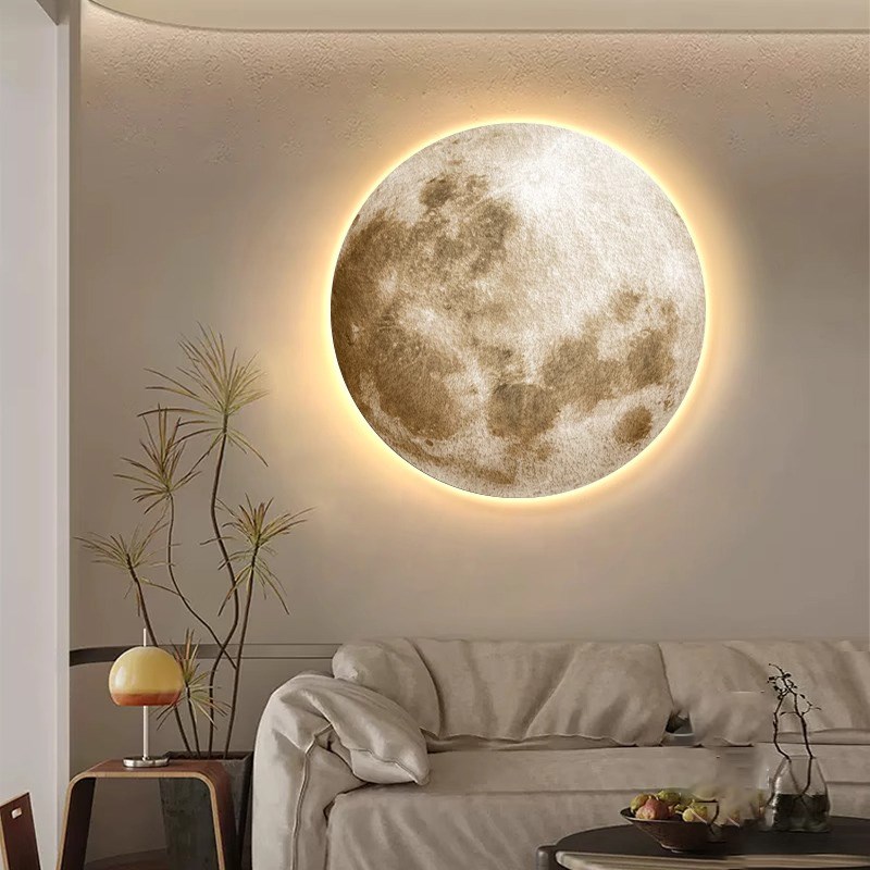 月球LED灯画沙发背景画客厅高端壁画圆形装饰画发光壁灯玄关挂画