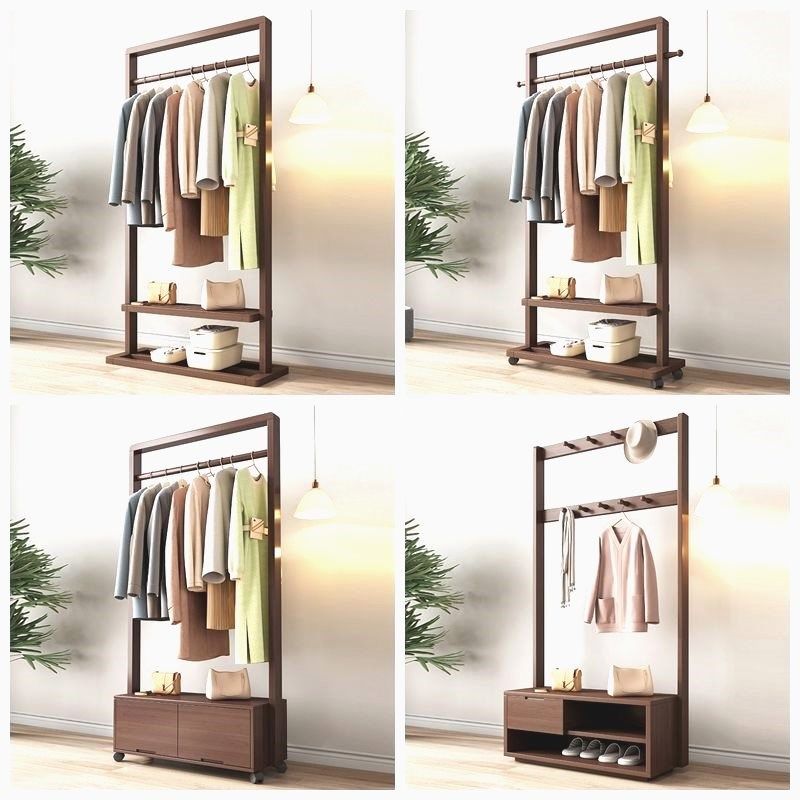 衣架简易衣柜实木衣帽架箱体一体带抽屉多功能挂衣架落地卧室可移