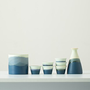 千里江山蓝绿渐变陶瓷酒具套装温酒器分酒器白酒杯黄酒六杯定logo