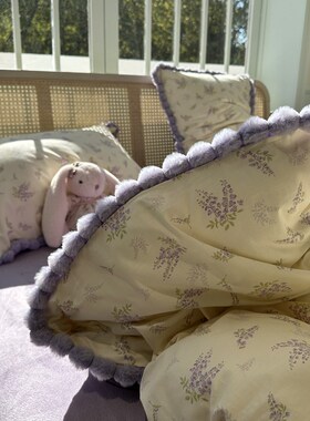 少女心温柔豆豆花边棉加绒四件套A面全棉纯棉B面宝宝绒紫色小碎花