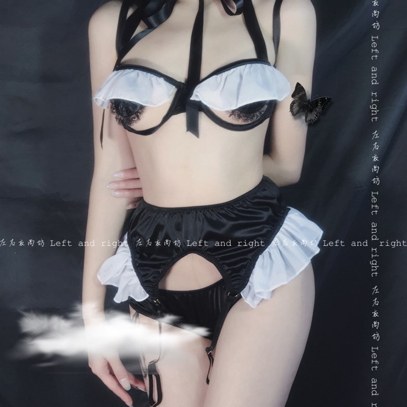 法式钢托款小胸聚拢文胸套装吊袜带荷叶边三件套女士钢圈私房内衣