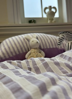 色织提花水洗棉条纹紫色四件套全棉1.5m1.8米民宿被套少女三件套