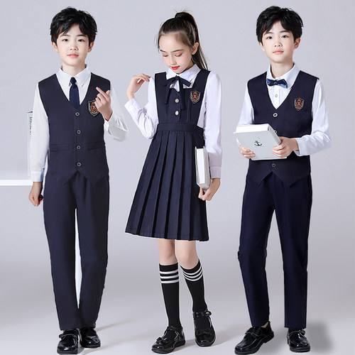 英伦学院风e儿童舞台服 藏蓝色百褶校服聚酯纤维班服适用17岁以下