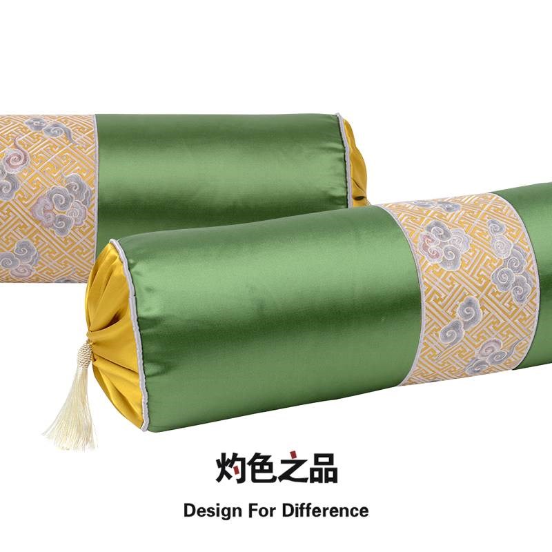 绿色绸缎绣花简约中式圆枕腰靠枕扶手枕沙发卧室床头罗汉抱枕长条