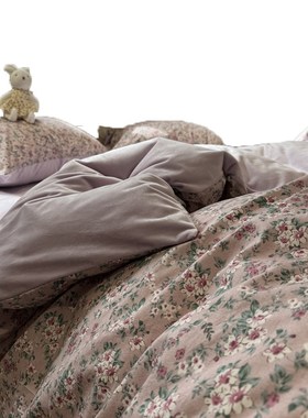 ins田园紫色碎花棉加绒四件套A面纯棉B面宝宝绒1.5m1.8保暖加厚冬