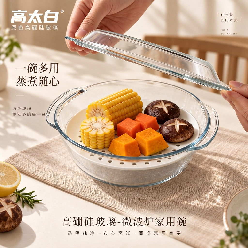 玻璃碗微波炉专用器皿耐高温蒸蛋碗双耳泡面沙拉碗餐具套装大盘子