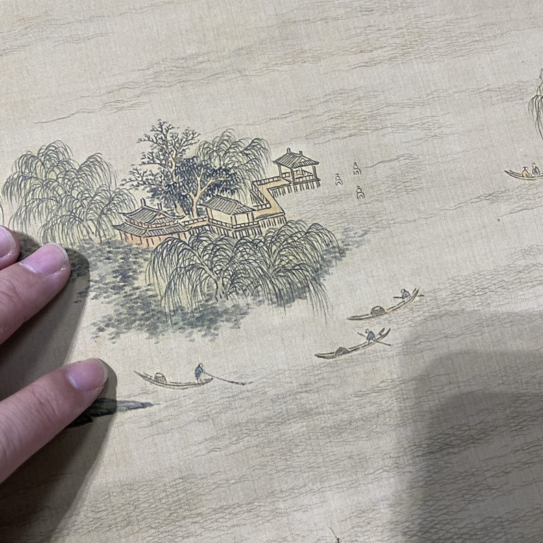 微喷客厅青绿图国画山水 关槐 西湖斗方画中式挂画玄关画芯清代
