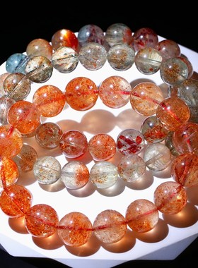 天然绿体共生阿鲁沙太阳石白水体水晶手链绿柱石金草莓晶饰品手串