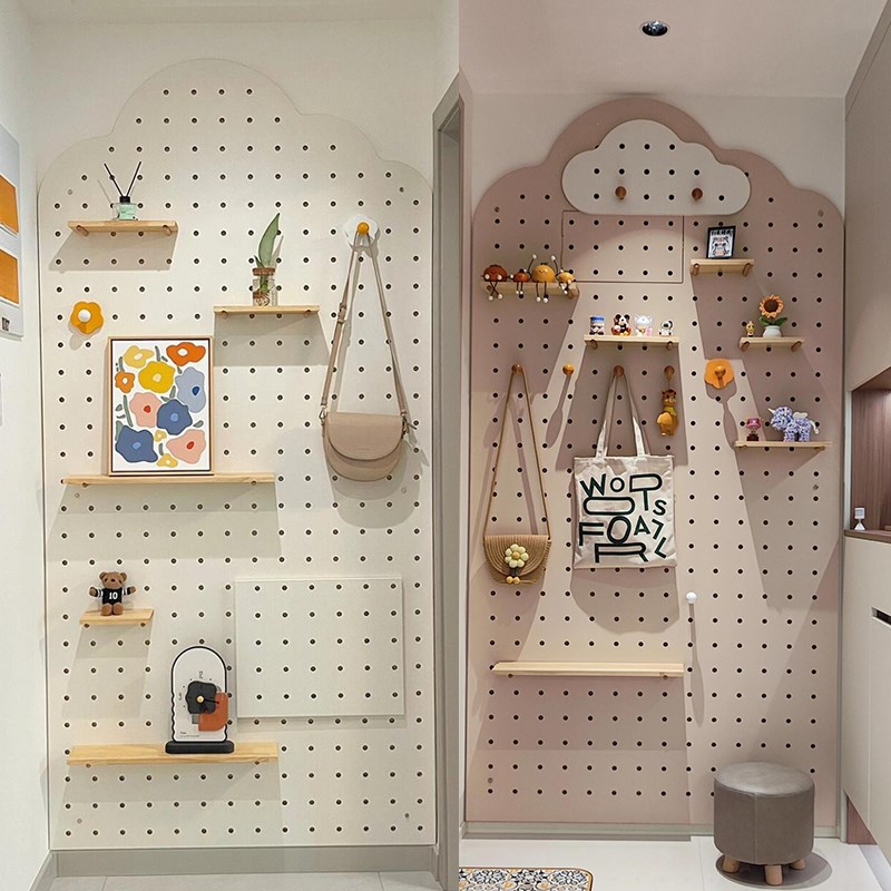 玄关洞洞板定制置物架木质展示收纳墙云朵收纳架墙上挂衣架带镜子