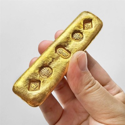 晋茂上上足赤金条影视道具仿金摆件 清末民初铜鎏金书房镇尺金块