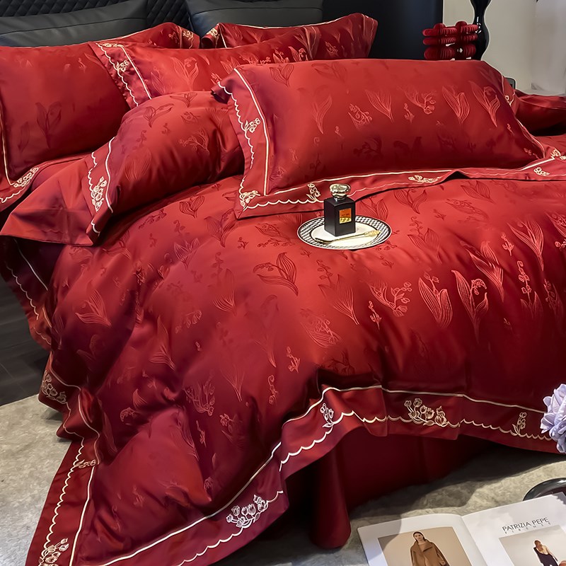 中式婚庆大红色四件套高档提花结婚被套新婚床上用品婚房陪嫁喜被