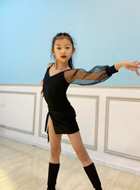 新款拉丁舞服g女儿童练功服少儿拉丁舞蹈服黑色网纱单袖表演服班