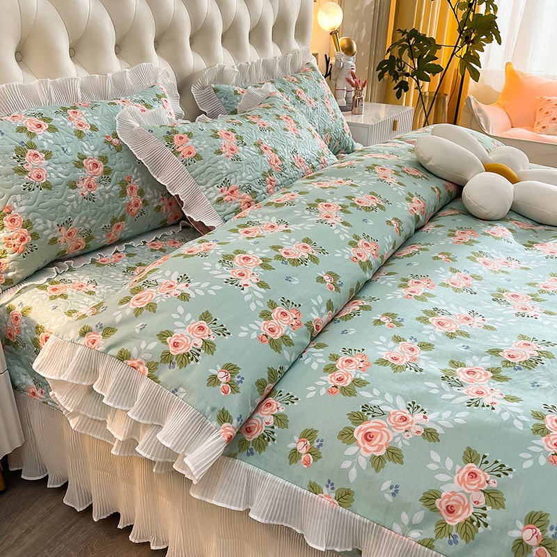 夹棉床盖三四件套100全棉80支纯棉床单被套公主风床品小碎花床裙4