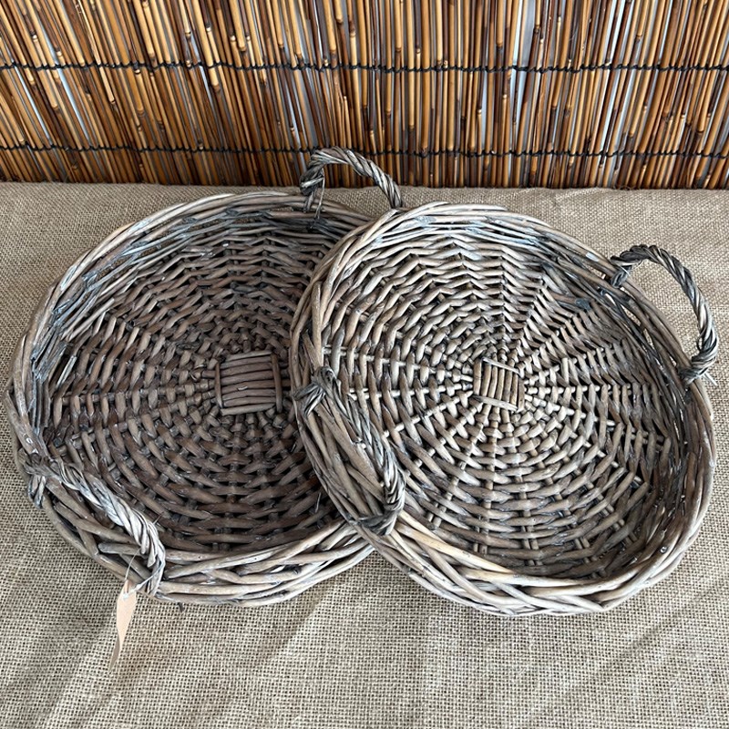 藤编托盘圆形篮子手工编织水果面包茶点食物展示圆盘收纳果盘子