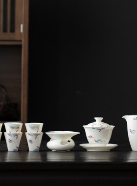羊脂玉瓷手绘盖碗茶杯套装功夫茶具釉下彩陶瓷单个V家用泡茶碗带