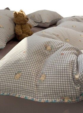 ins风母婴田园少女心紫色花边双层纱水果格子四件套1.5m1.8米全棉