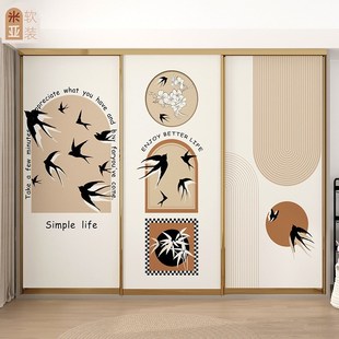 法式侘寂中式燕子衣柜子推拉玻璃移门翻新改造贴纸墙纸自粘装饰画