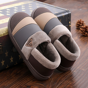 大尺码棉拖鞋男款包跟冬季保暖室内家居pu皮面防水防滑棉鞋男士家