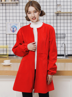 大人罩衣女冬时尚护衣加绒保暖加厚长袖拉链厨P房围裙灯芯绒工作