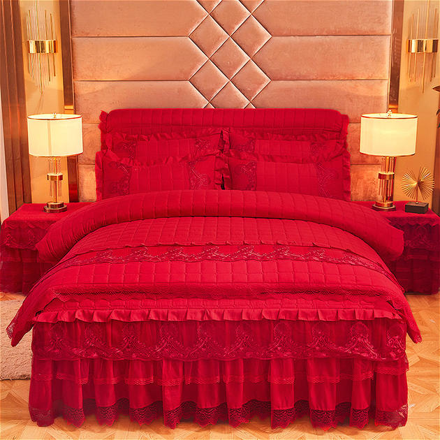 韩版大红色结婚庆夹棉纯色单品婚房蕾丝床裙款床罩床套三四件套