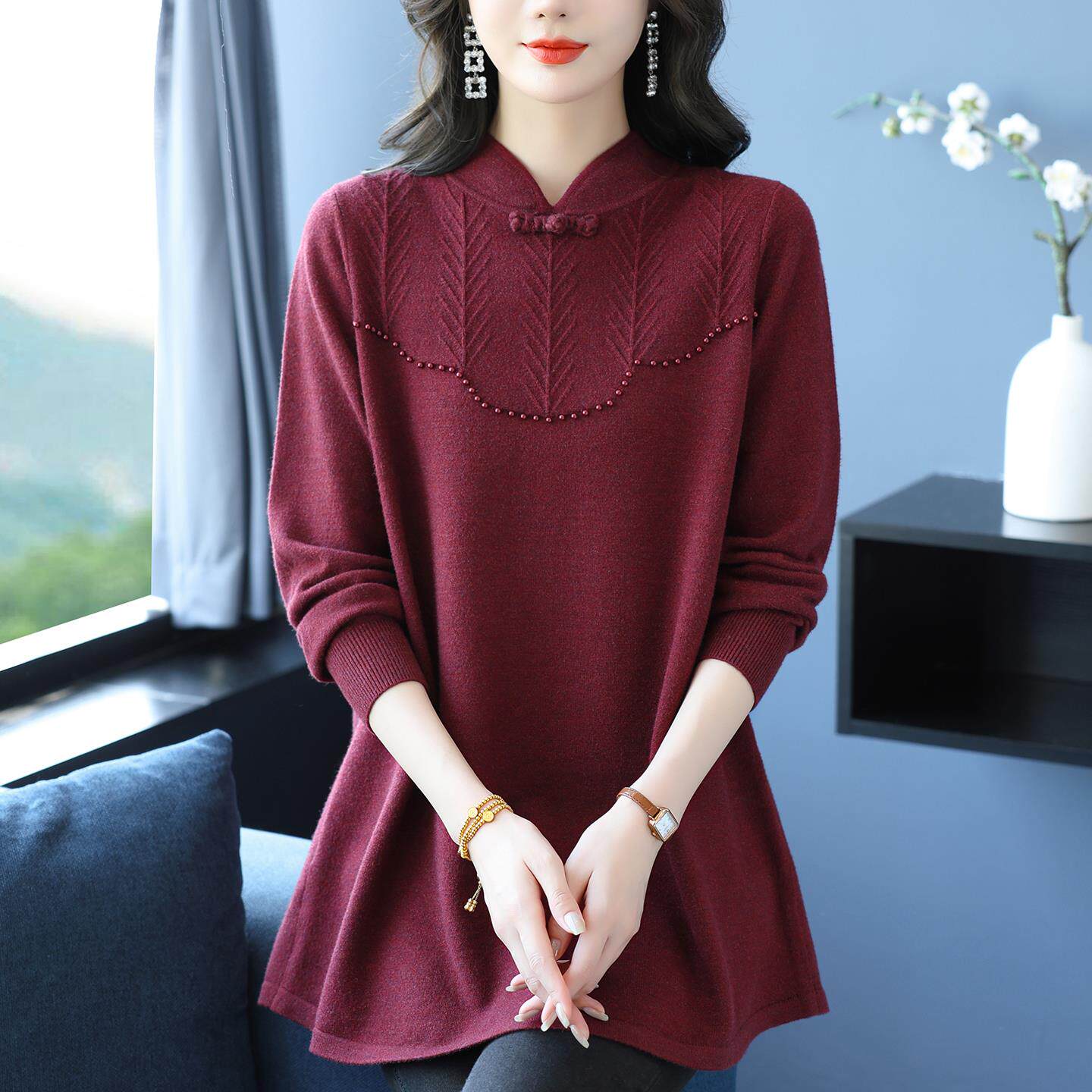 胖妈妈新中式立领盘扣羊毛衫女中长款宽松大码洋气遮肚毛衣打底衫
