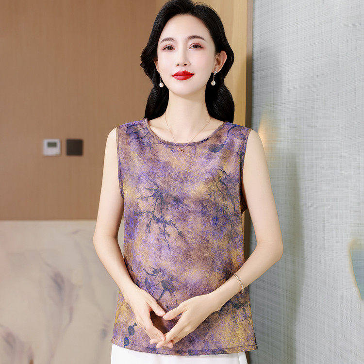 中老年妈妈装真丝印花背