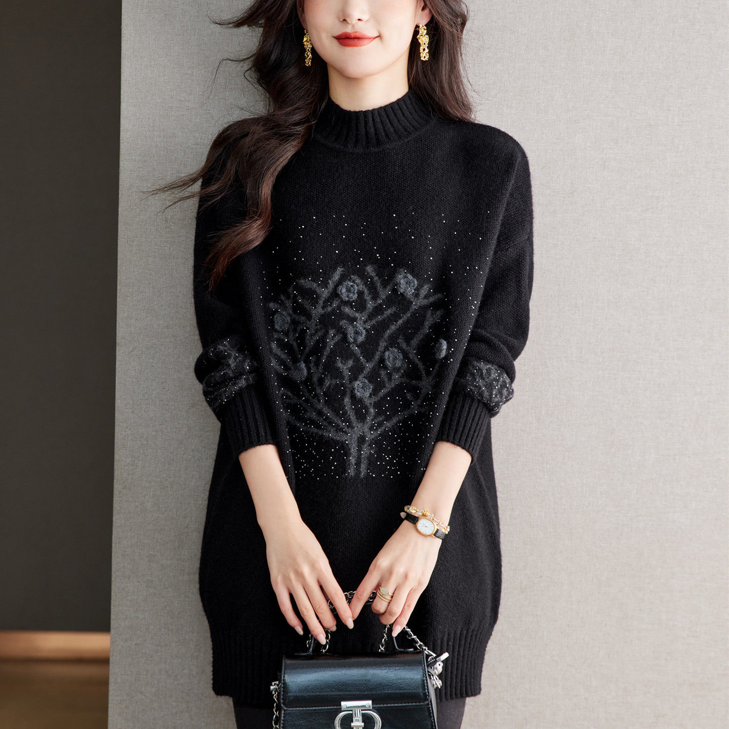 胖妈妈秋冬羊毛衫中长款毛衣加肥加大码女装洋气上衣遮屁股打底衫