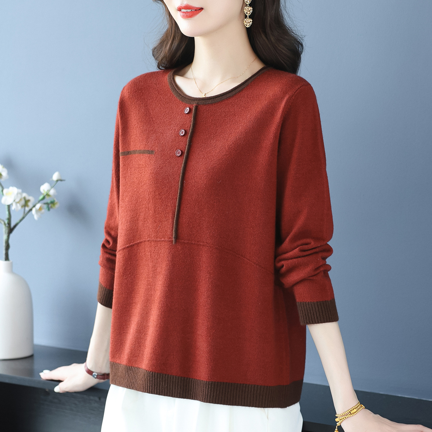 春秋新款长袖针织衫女特大码妈妈装高端大气上衣宽松遮肚打底毛衣