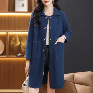 秋冬中长款女士大码双面羊绒针织大衣气质胖mm中年翻领羊毛呢外套