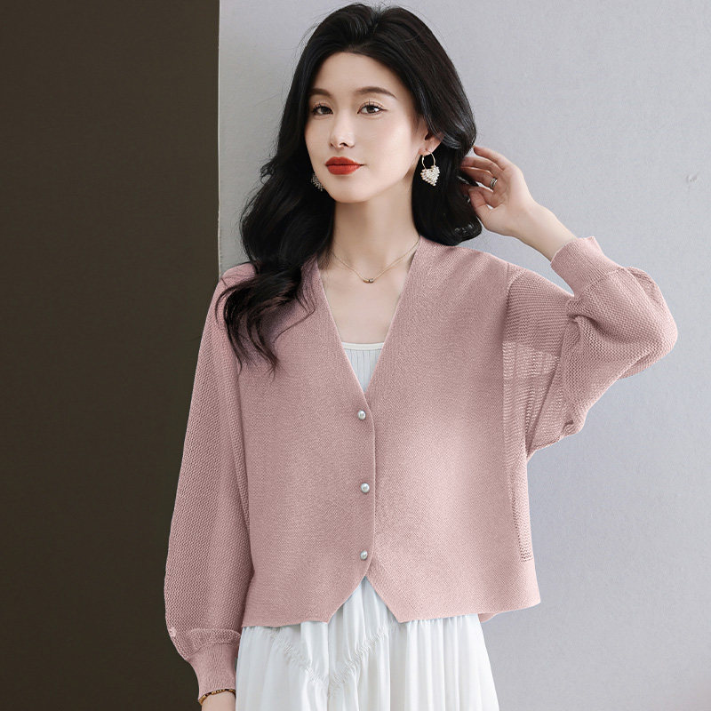 桑蚕丝薄开衫小披肩外套女短款镂空长袖配裙子妈妈装针织衫冰丝夏