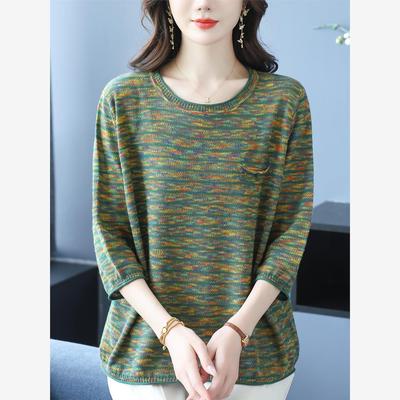 中年妈妈春秋针织衫薄款圆领七分袖毛衣女士宽松大码洋气打底上衣