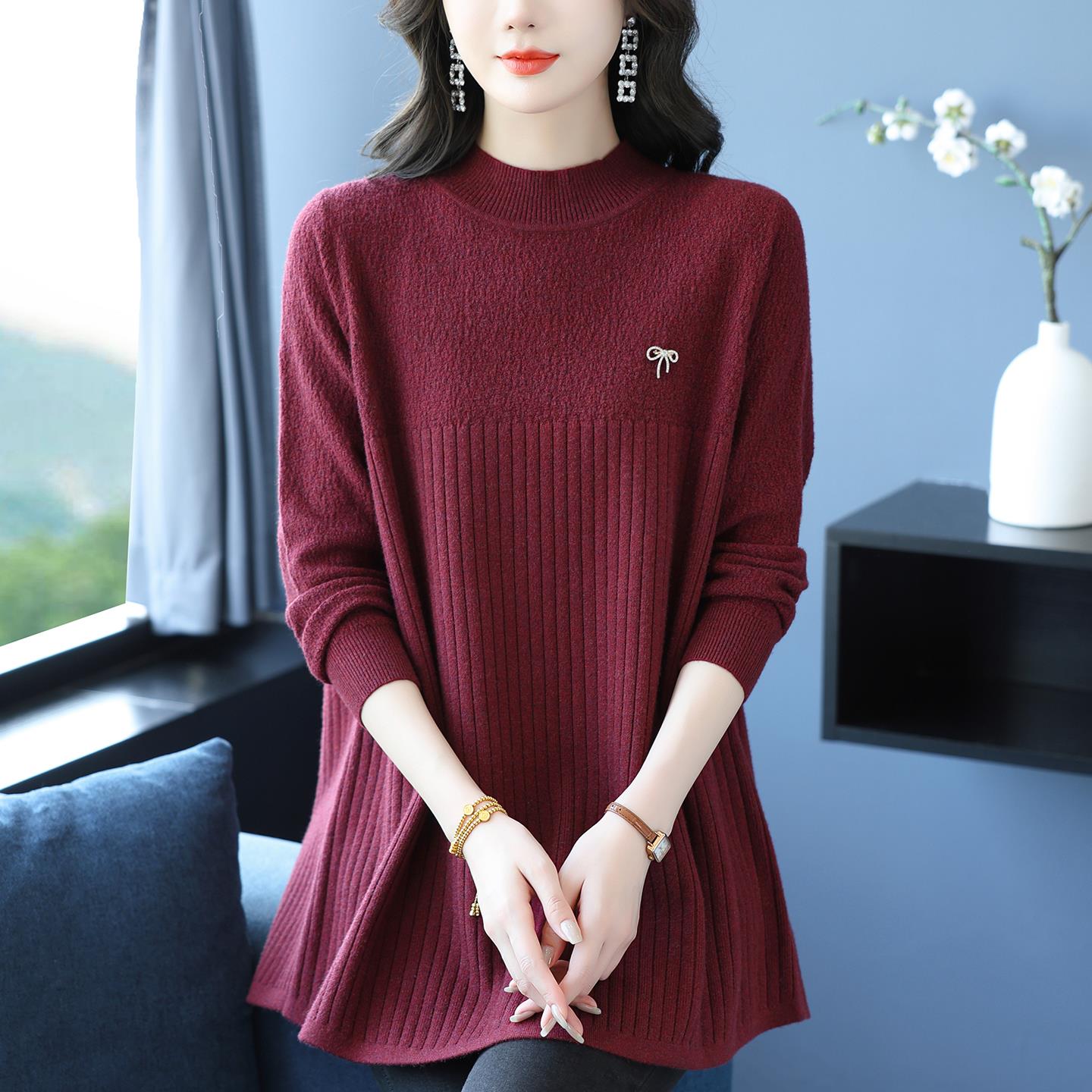 中年妈妈秋冬半高领针织毛衣女中长款羊毛衫加肥加大码遮肚打底衫