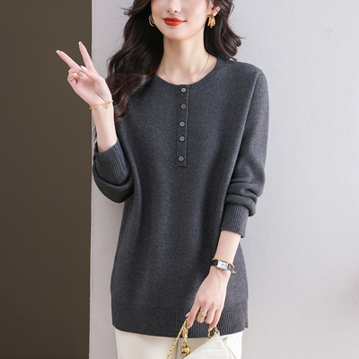 妈妈装羊毛衫女圆领中长