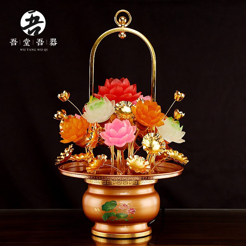 七彩荷花灯莲花插电琉璃供佛灯篮前明家用大号长水灯供灯佛摆件