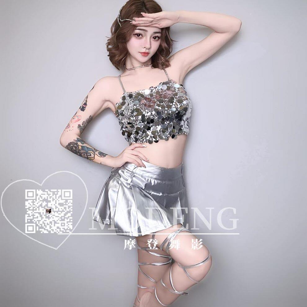 女演出重工蹦迪银色酒吧纯挂脖吊带套装裙亮片辣背心上衣欲夜店妹