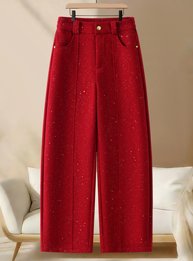 红色加绒弯刀裤女2026春冬季新款加厚高腰显瘦亮闪满钻休闲香蕉裤