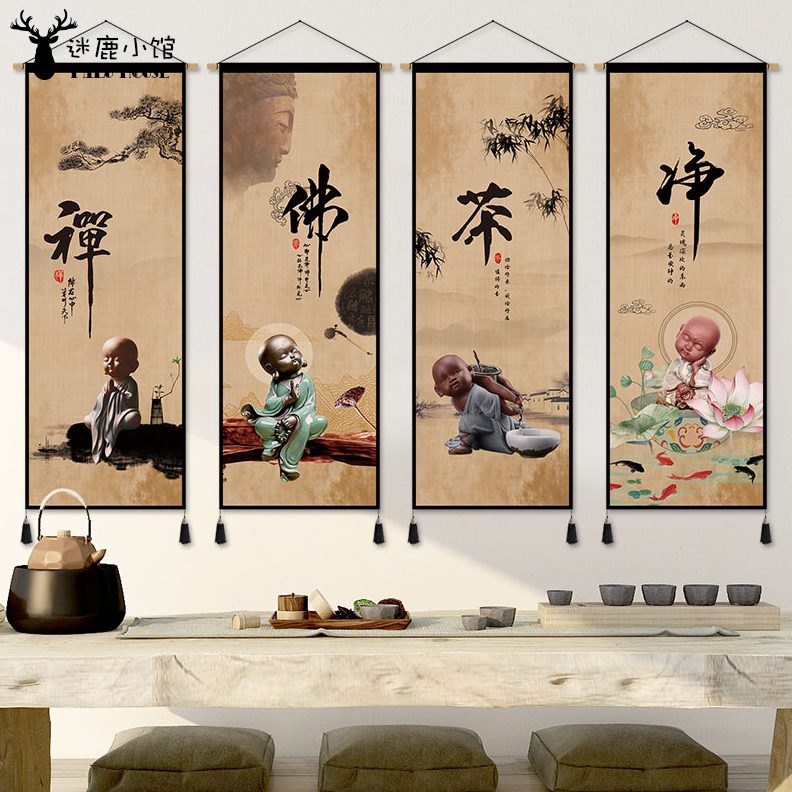 四联挂布背景布中式禅意复古中国风墙面装饰挂毯挂画客厅背景布艺图片
