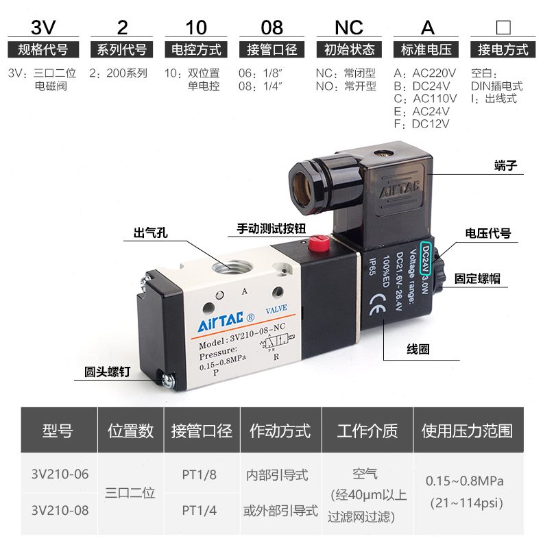 -气动电磁阀0V6换8位向-三通C-V210-亚德客二-3220N0气24V控制阀
