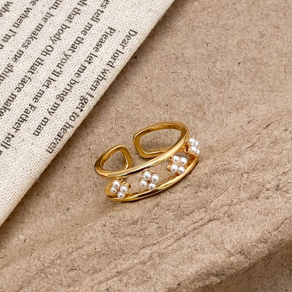 花朵珍珠开口戒指女ins风高级感十字架流苏食指环小众设计手饰品