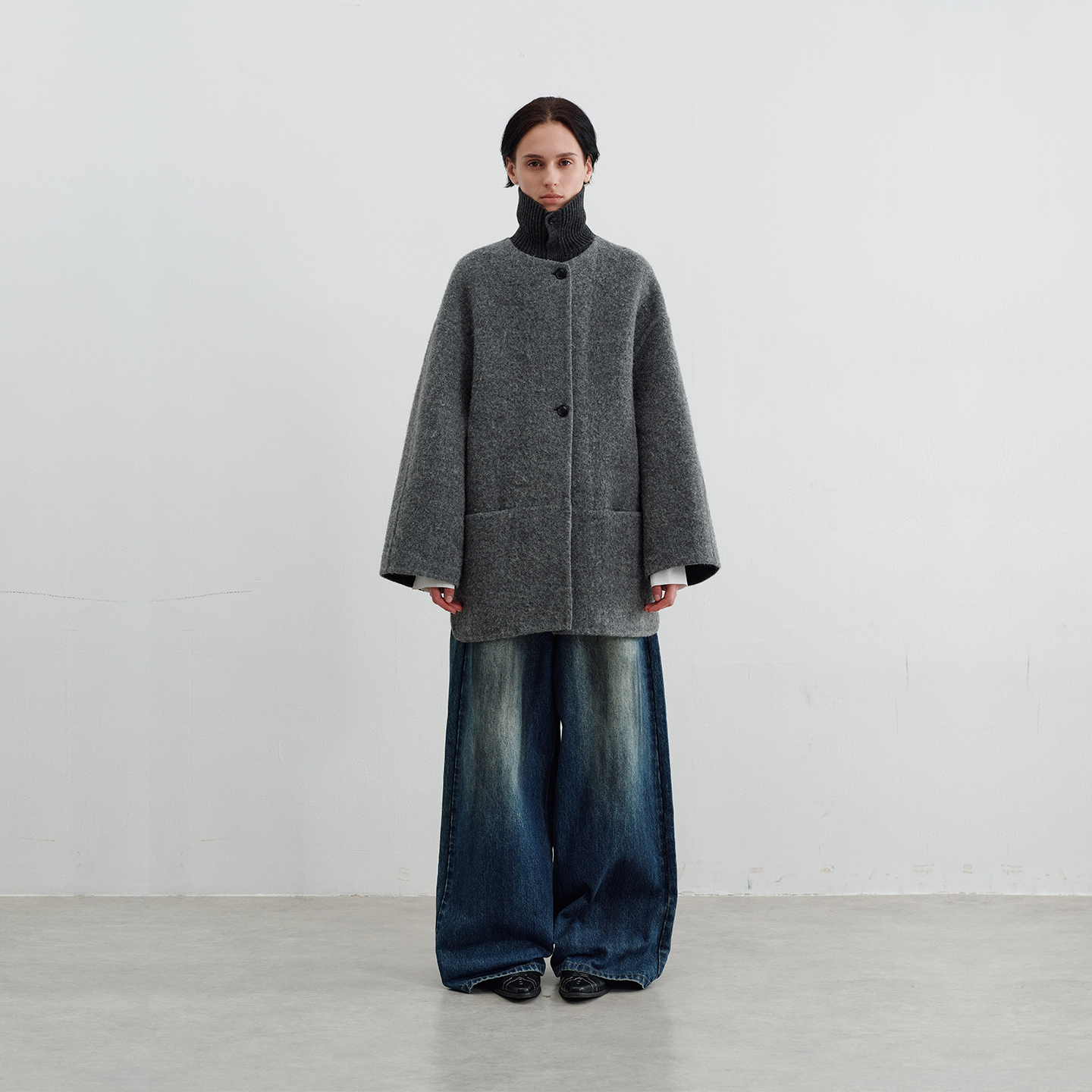 羊毛高领针织双面呢大衣