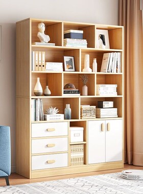 半墙书柜书柜书架家用学生简易置物架G落地客厅仿实木小书架带门