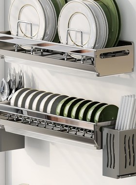 枪灰色厨房碗碟收纳架壁挂式碗盘置物架双层碗架筷子筒一体沥水架