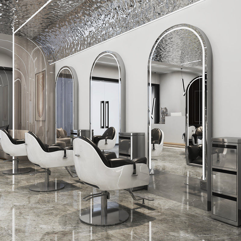 新款简约理发店镜台带灯不锈钢单双面落地发廊专用镜全身美发镜子