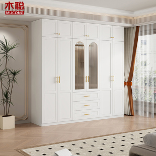法式 奶油风衣柜家用卧室组合大衣橱平开门储物柜可定制收X纳柜8A3