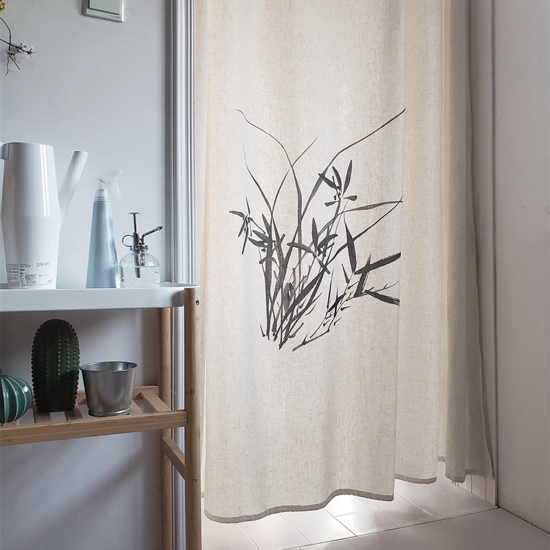 中式日式门帘亚麻布艺厨房定制伸缩杆卧室水墨梅兰免打孔穿杆短帘